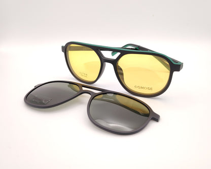 gafas graduadas negras con doble puente y clip solar intercambiable con lentes amarillas y oscuras polarizadas