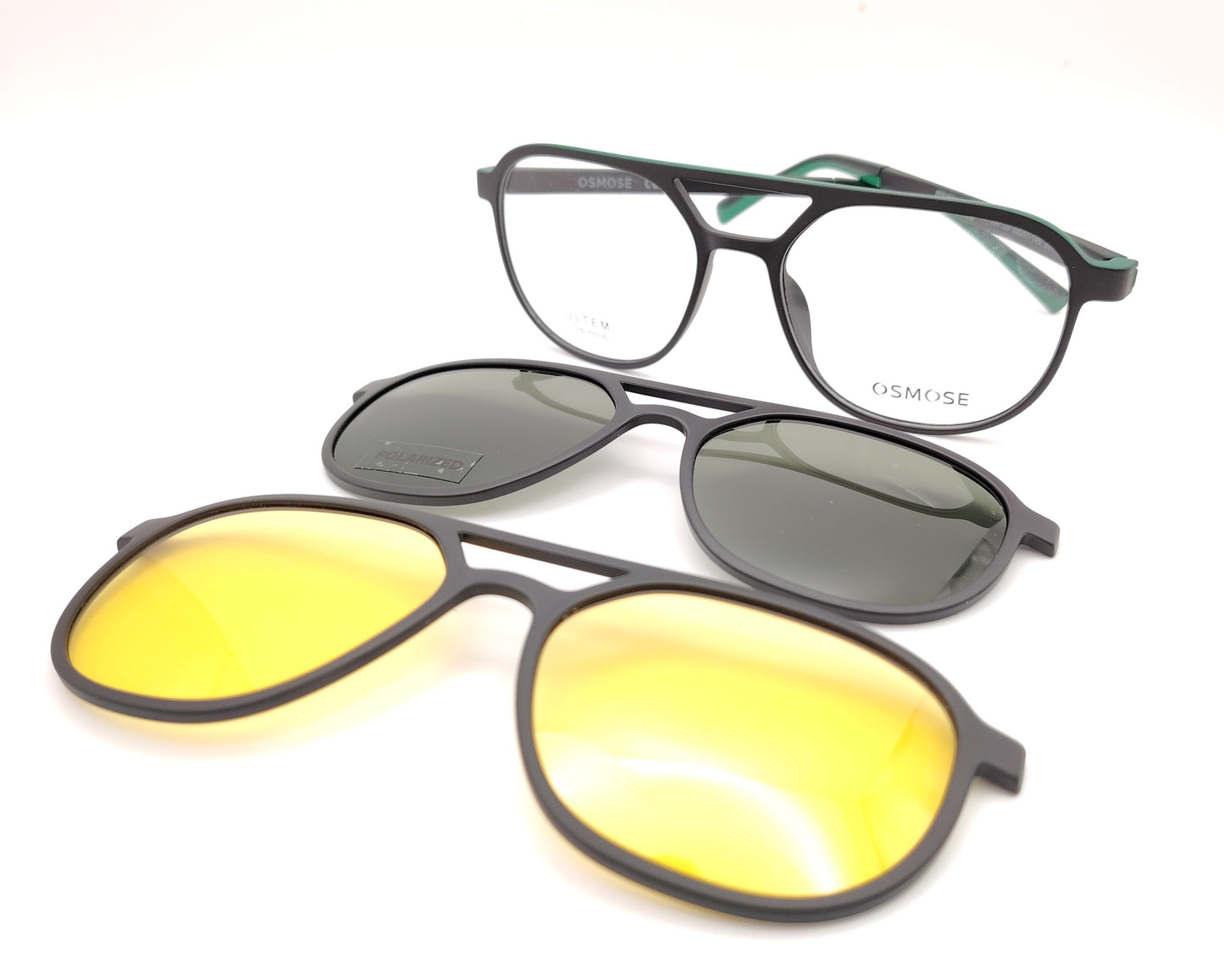 gafas graduadas negras con doble puente y clip solar intercambiable con lentes amarillas y oscuras polarizadas