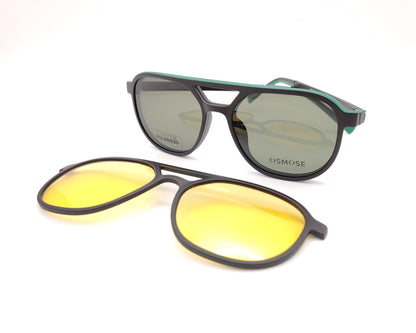 gafas graduadas negras con doble puente y clip solar intercambiable con lentes amarillas y oscuras polarizadas