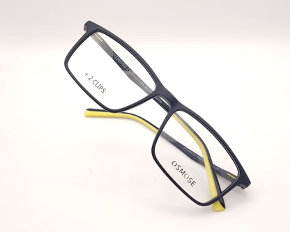 gafas osmose rectangulares  en color azul marino con detalles en amarillo 
