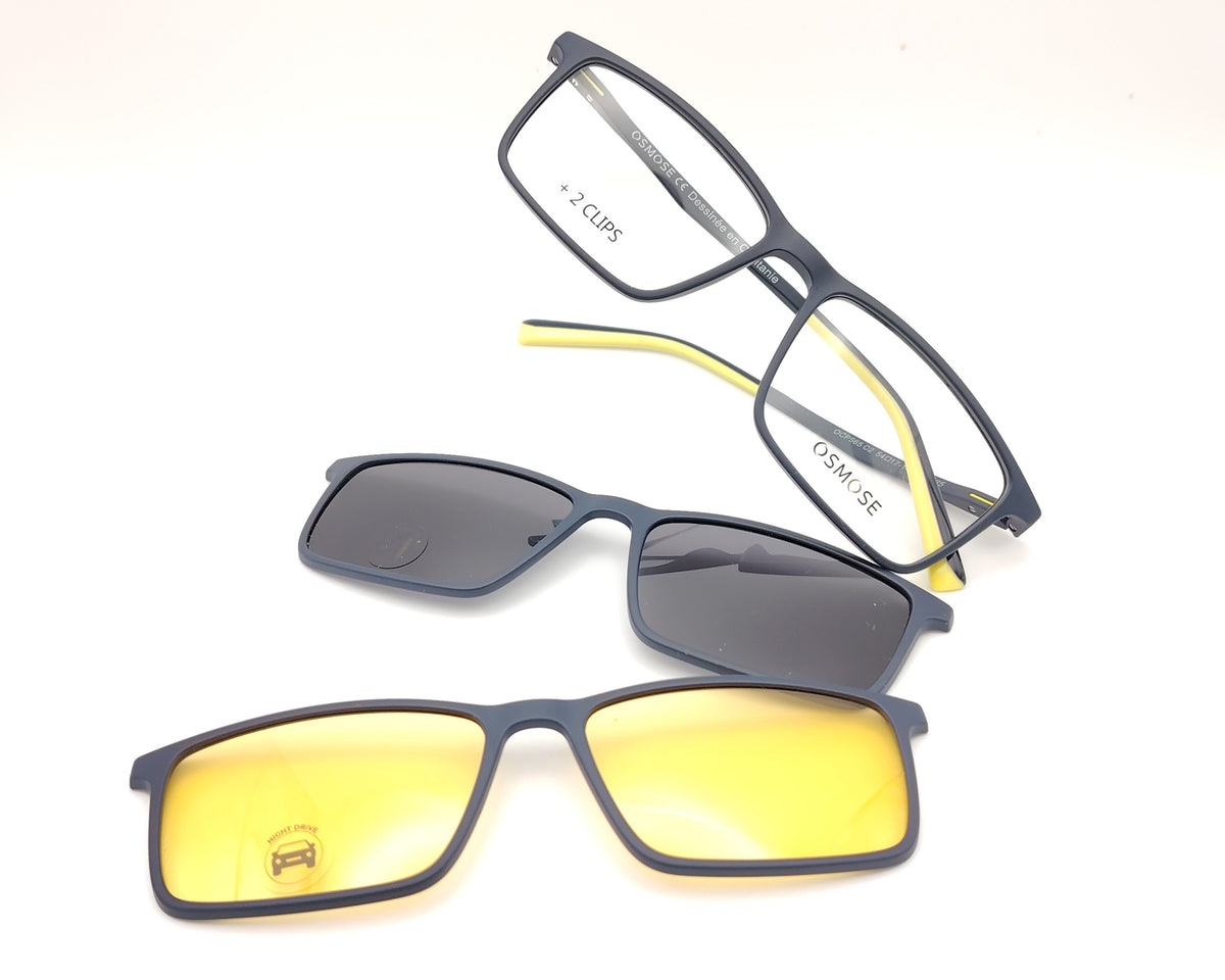 gafas osmose rectangulares  en color azul marino con detalles en amarillo 