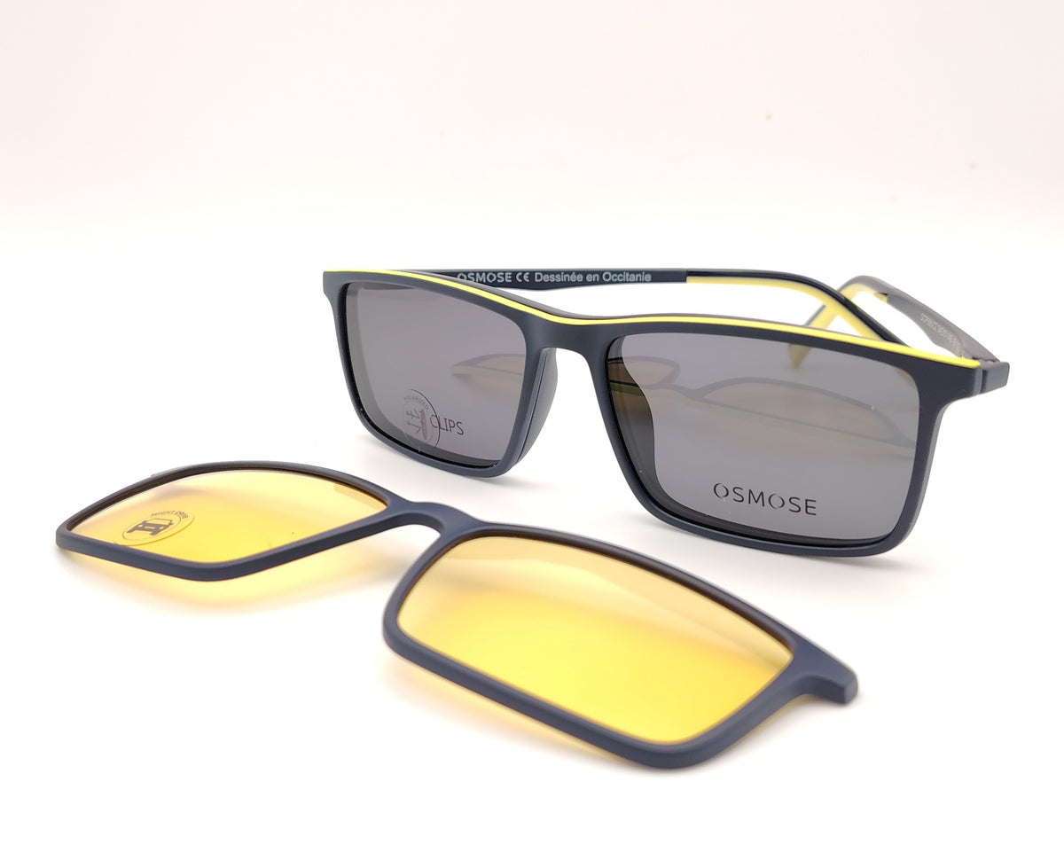 gafas osmose rectangulares  en color azul marino con detalles en amarillo con dos clips solares, amarillo y polarizado