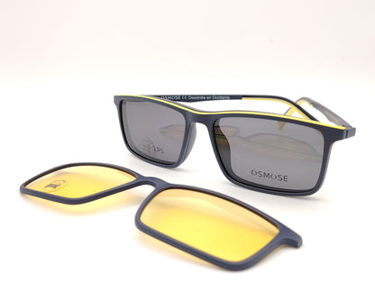 gafas osmose rectangulares  en color azul marino con detalles en amarillo con dos clips solares, amarillo y polarizado