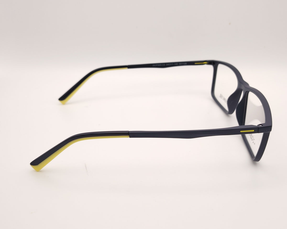 gafas osmose rectangulares  en color azul marino con detalles en amarillo 
