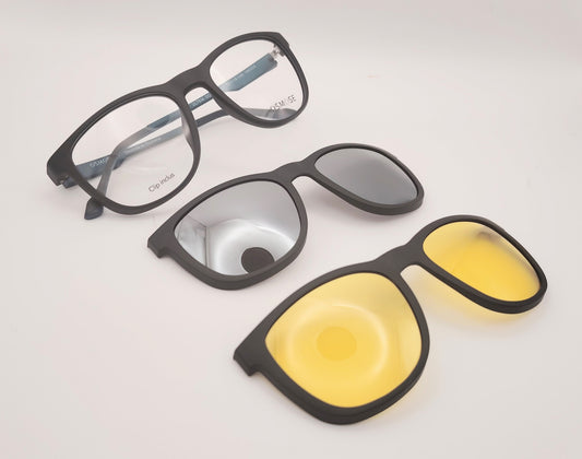 gafas osmose  negras con doble clip on magnetico clip solar oscuro y night drive amarillo