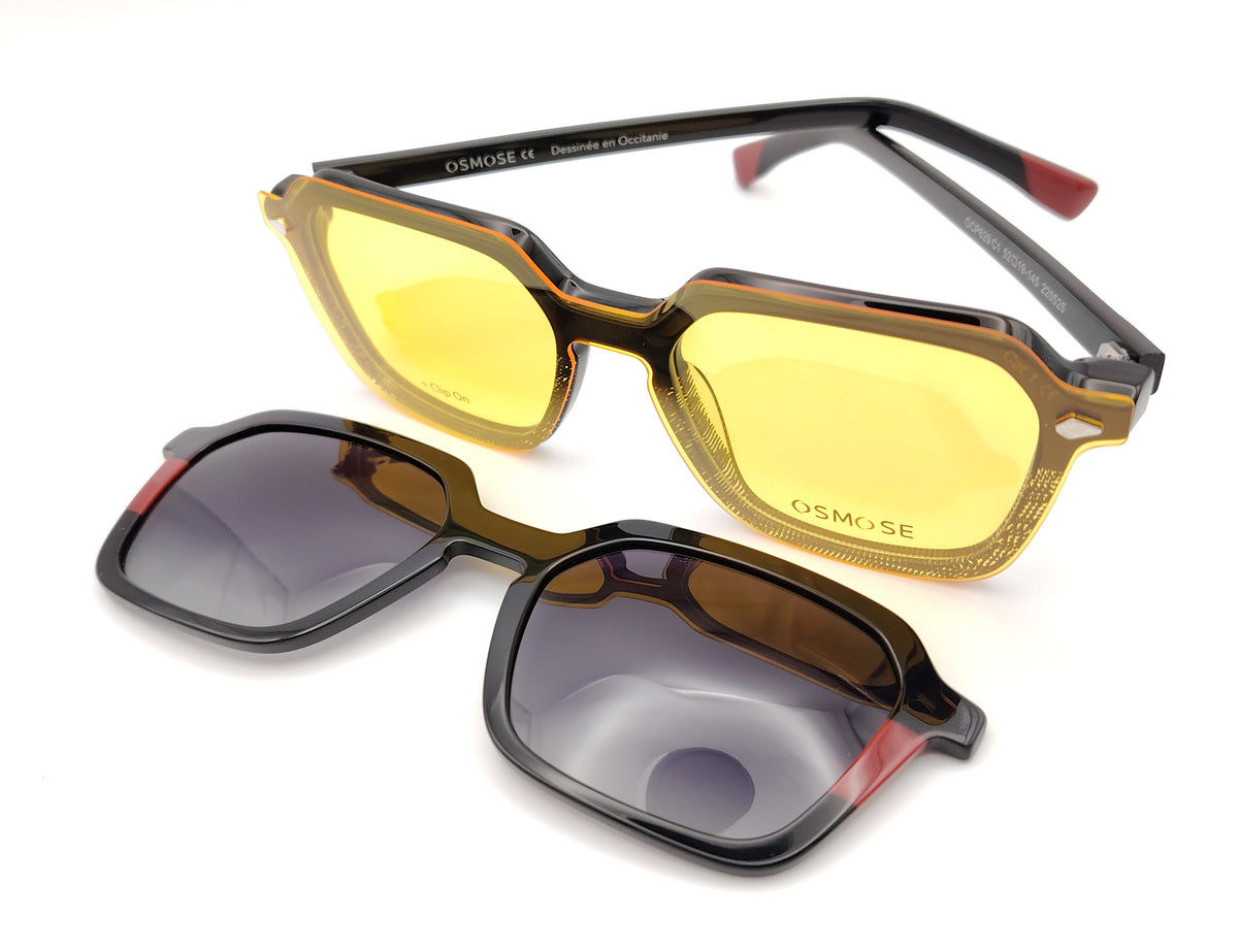 gafas de pasta forma geométrica degradado negro a transparente con detalles granates y dos clips solares