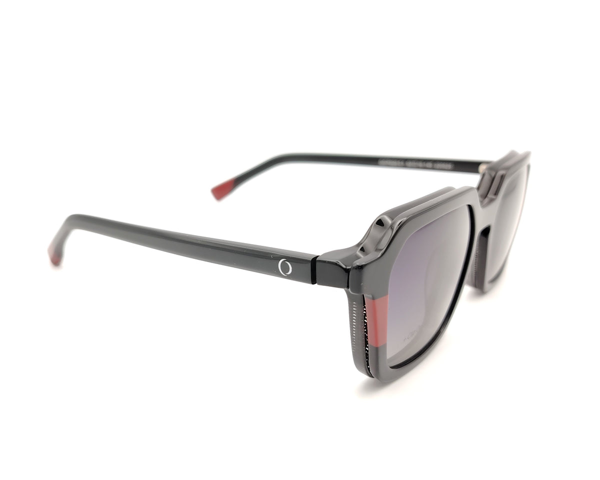 gafas de pasta forma geométrica degradado negro a transparente con detalles granates y dos clips solares