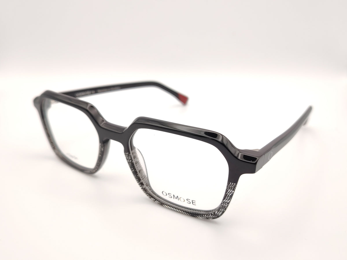 gafas de pasta forma geométrica degradado negro a transparente con detalles granates y dos clips solares