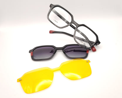 gafas de pasta forma geométrica degradado negro a transparente con detalles granates y dos clips solares
