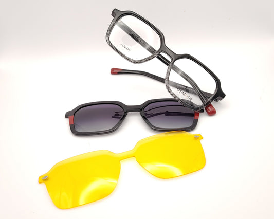 gafas de pasta forma geométrica degradado negro a transparente con detalles granates y dos clips solares