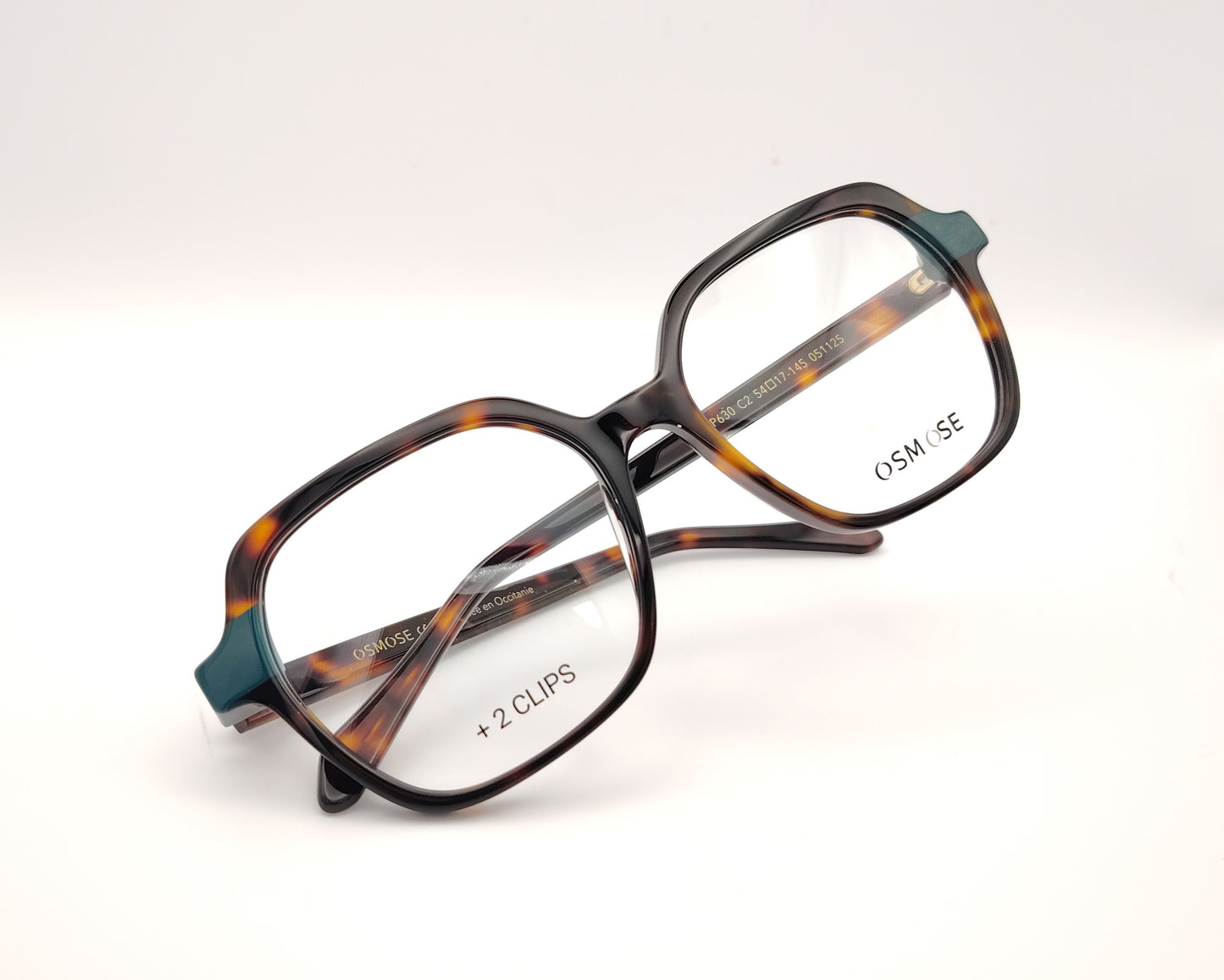 gafas osmose carey con detalles verdes doble clip on magnético polarizado marron degradado y azul suave