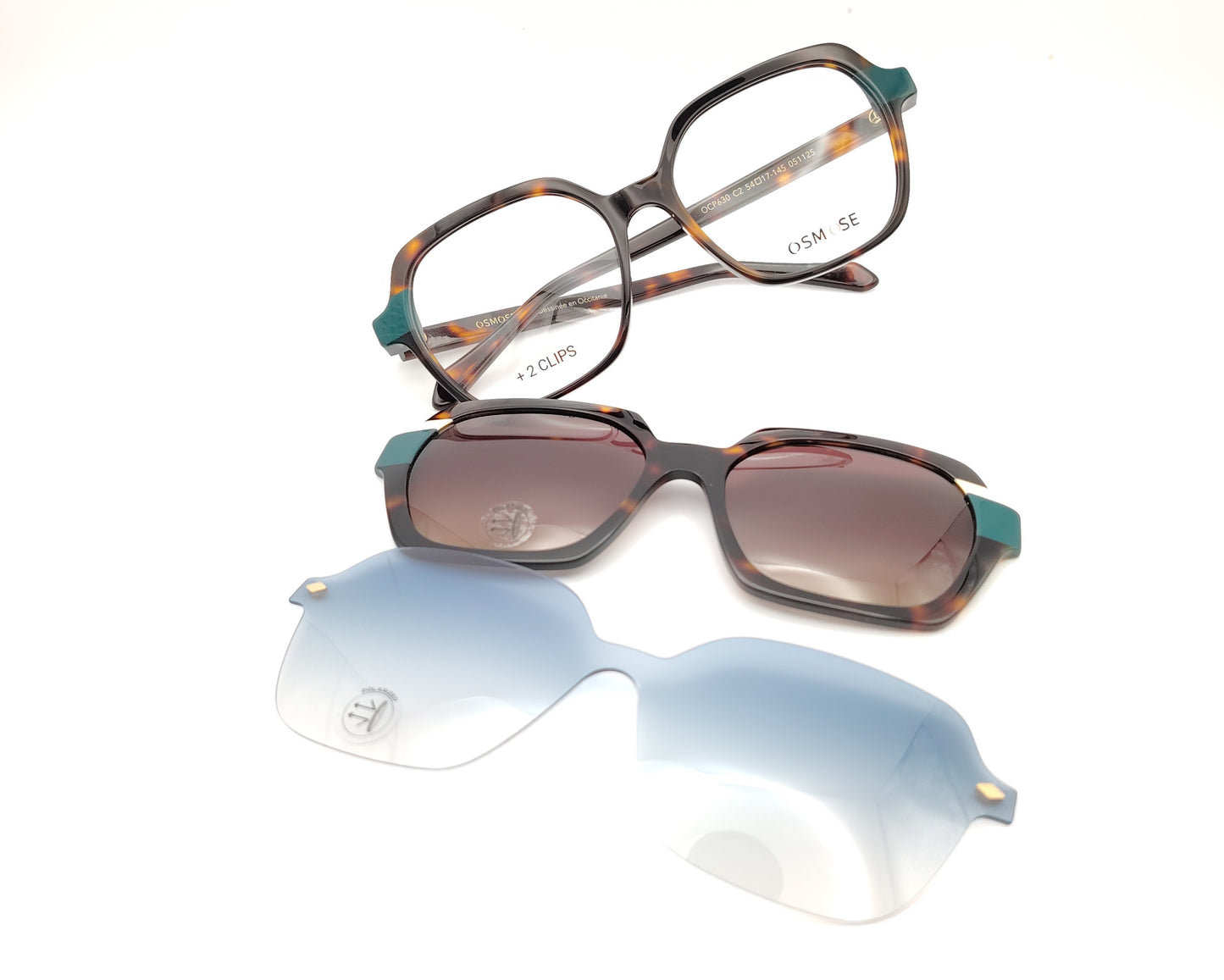 gafas osmose carey con detalles verdes doble clip on magnético polarizado marron degradado y azul suave
