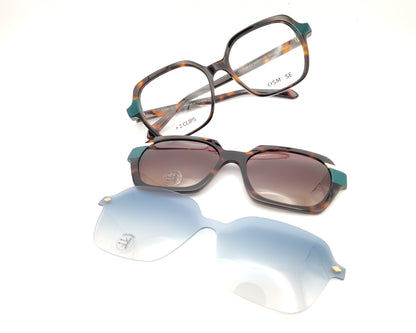 gafas osmose carey con detalles verdes doble clip on magnético polarizado marron degradado y azul suave