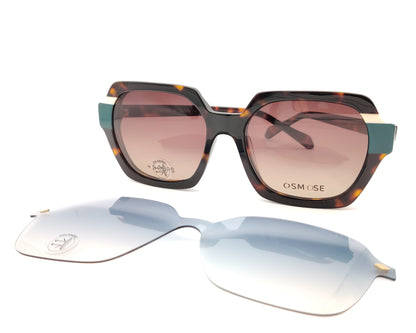 gafas osmose carey con detalles verdes doble clip on magnético polarizado marron degradado y azul suave
