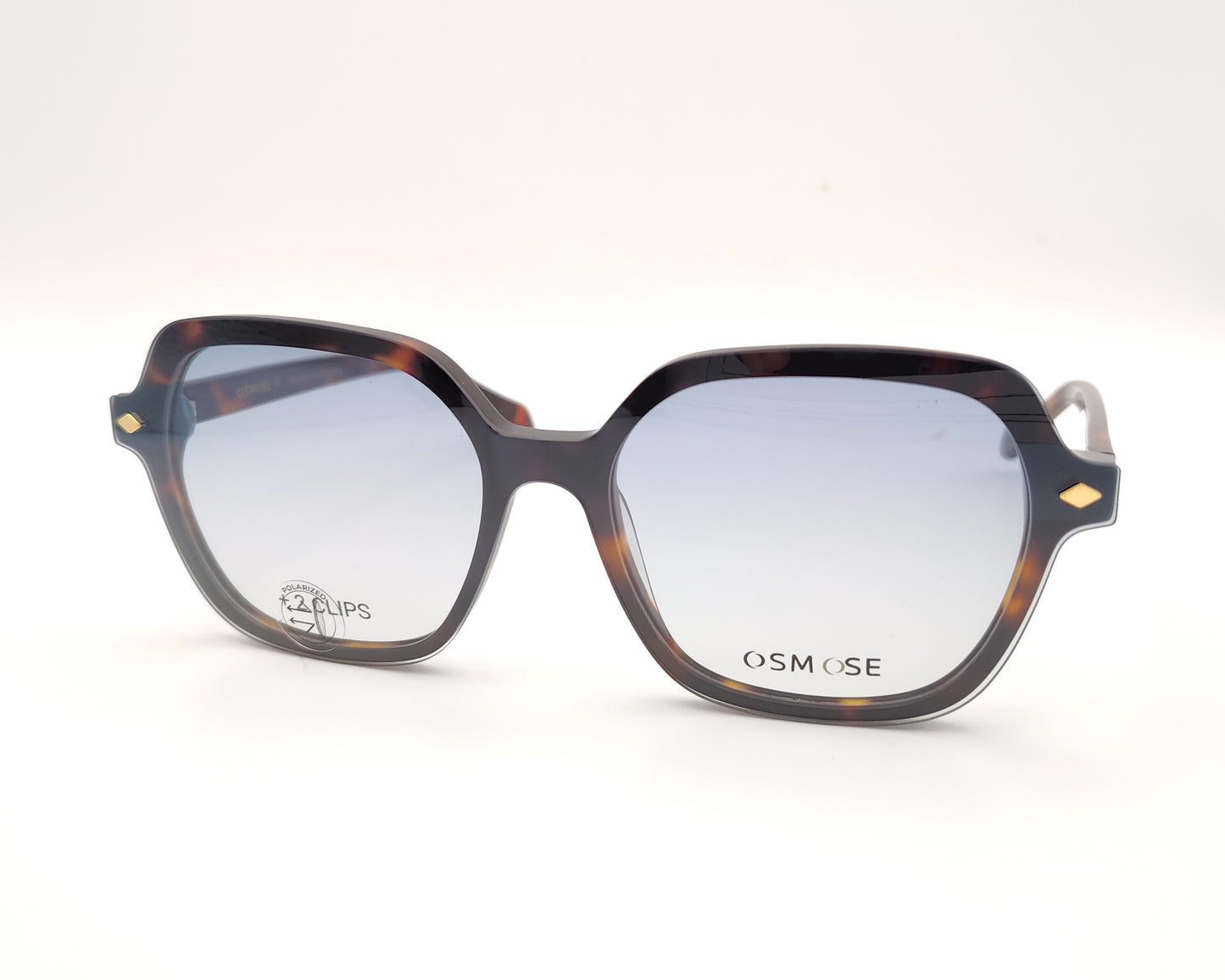 gafas osmose carey con detalles verdes doble clip on magnético polarizado marron degradado y azul suave