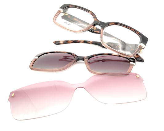 gafas osmose cuadradas carey y nude translúcido doble clip on magnético polarizado marron degradado y rosado