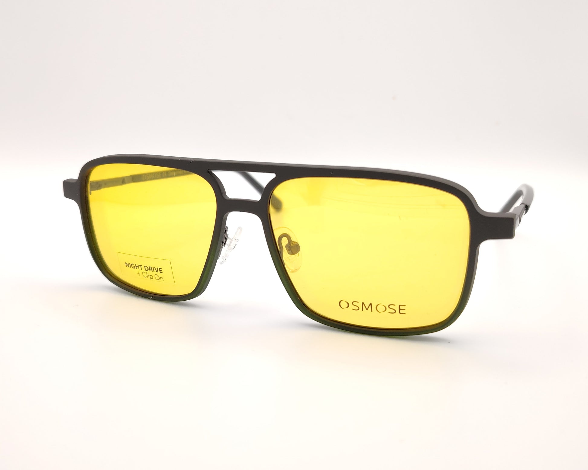 gafas de metal rectangular con doble puente en negro con dos clips, uno polarizado y otro amarillo