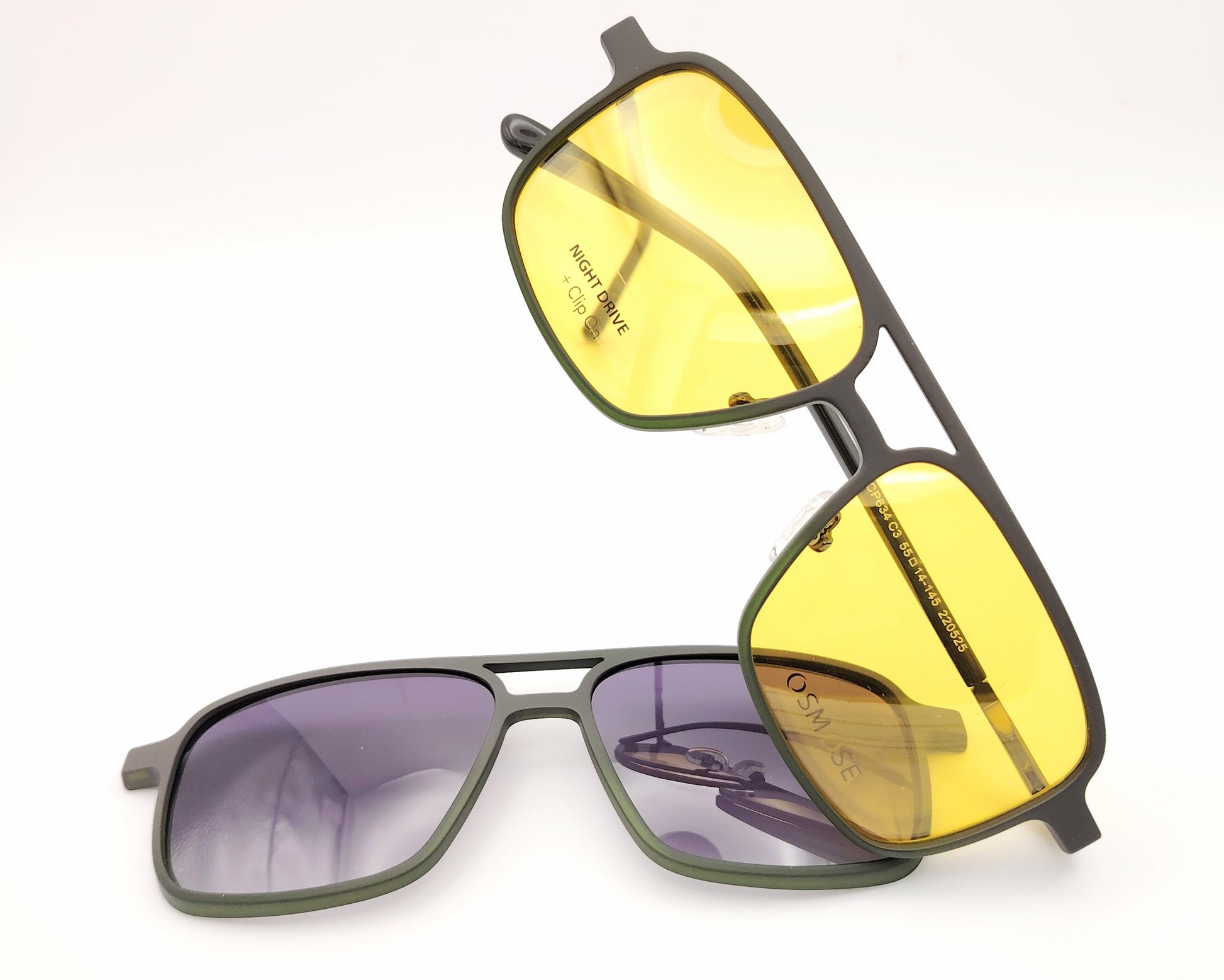 gafas de metal rectangular con doble puente en negro con dos clips, uno polarizado y otro amarillo