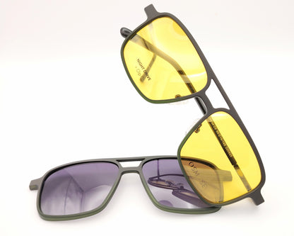 gafas de metal rectangular con doble puente en negro con dos clips, uno polarizado y otro amarillo
