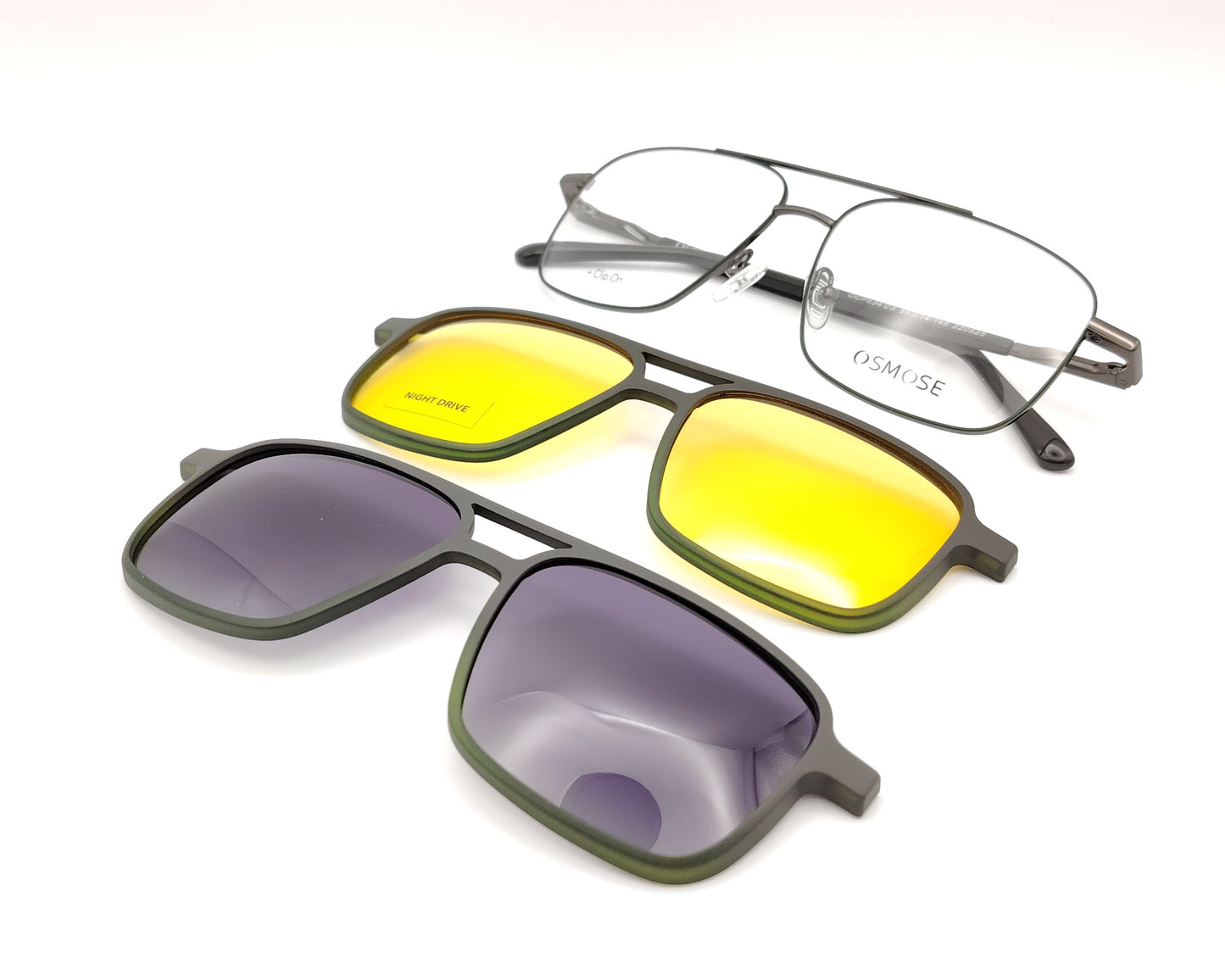 gafas de metal rectangular con doble puente en negro con dos clips, uno polarizado y otro amarillo