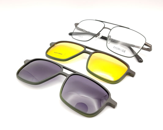 gafas de metal rectangular con doble puente en negro con dos clips, uno polarizado y otro amarillo
