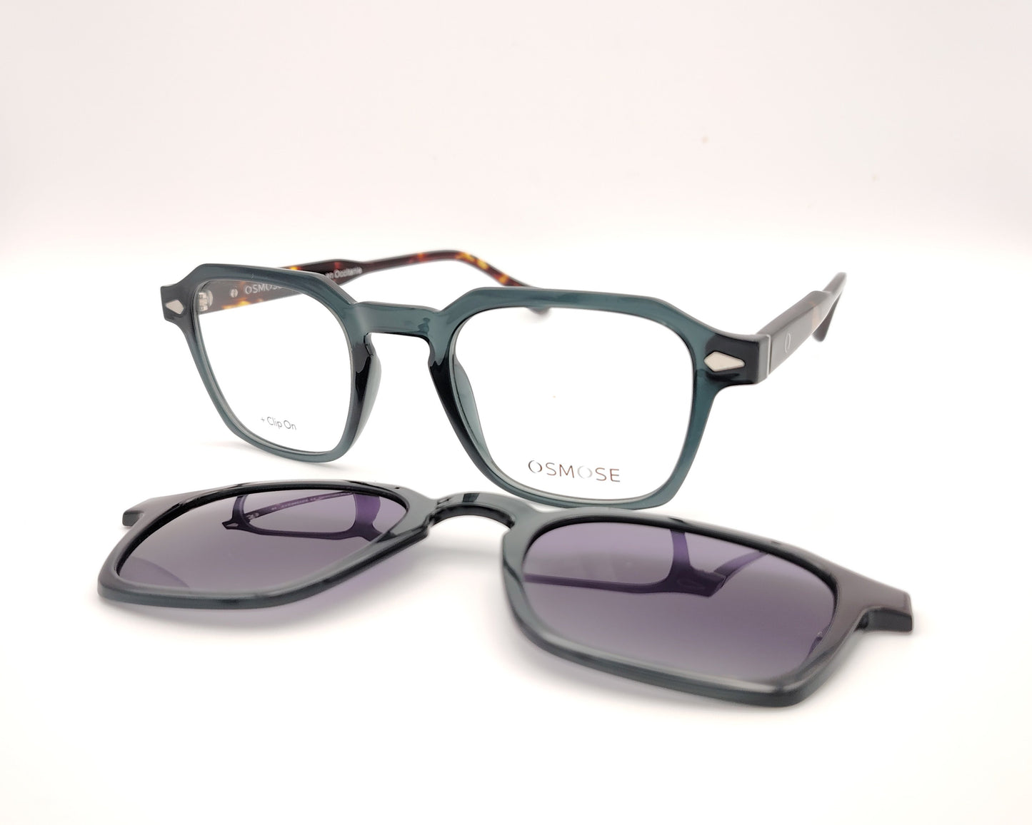 gafas de pasta forma geométrica gris con varillas carey y dos clips solar y amarillo