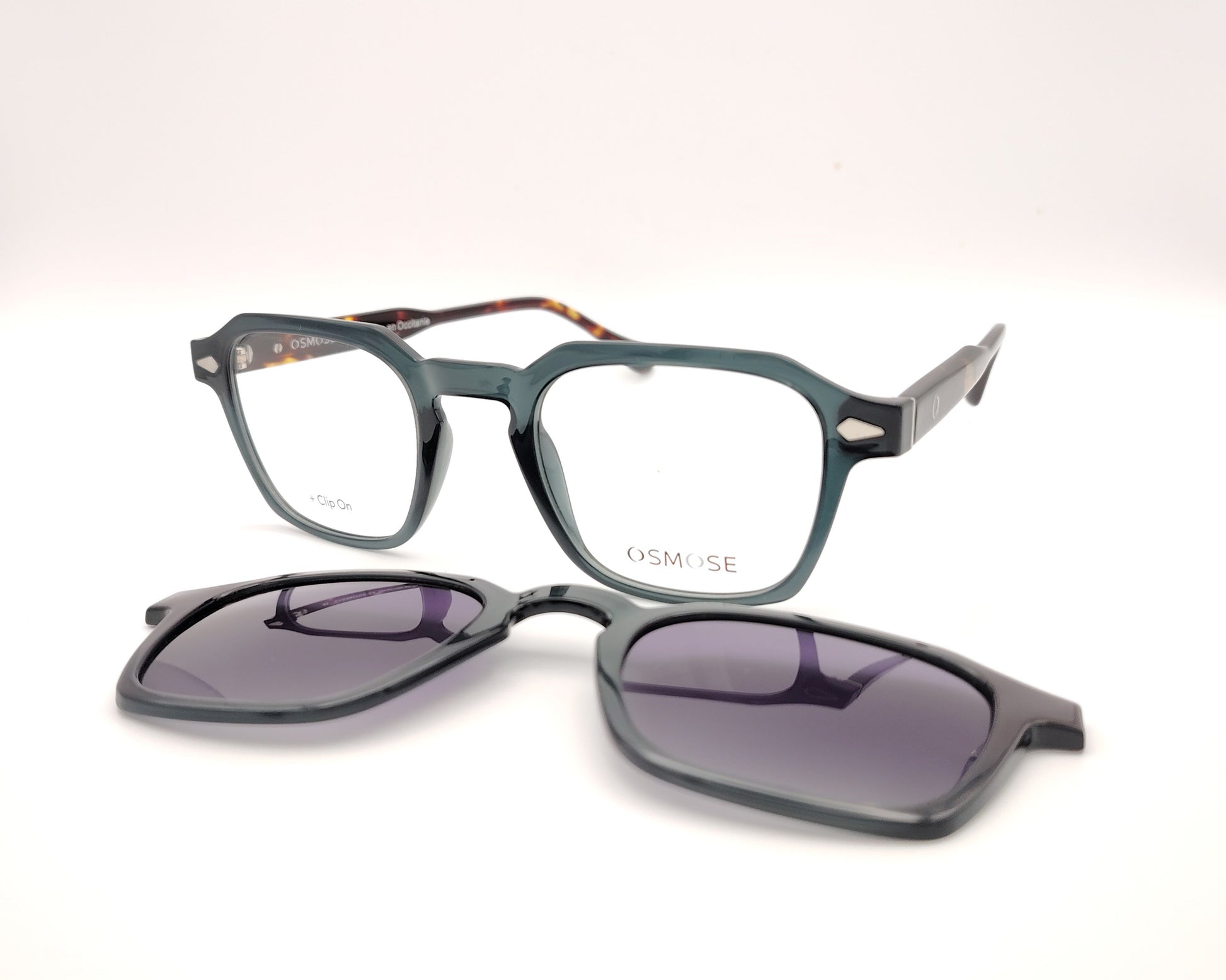 gafas de pasta forma geométrica gris con varillas carey y dos clips solar y amarillo