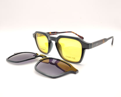 gafas de pasta forma geométrica gris con varillas carey y dos clips solar y amarillo