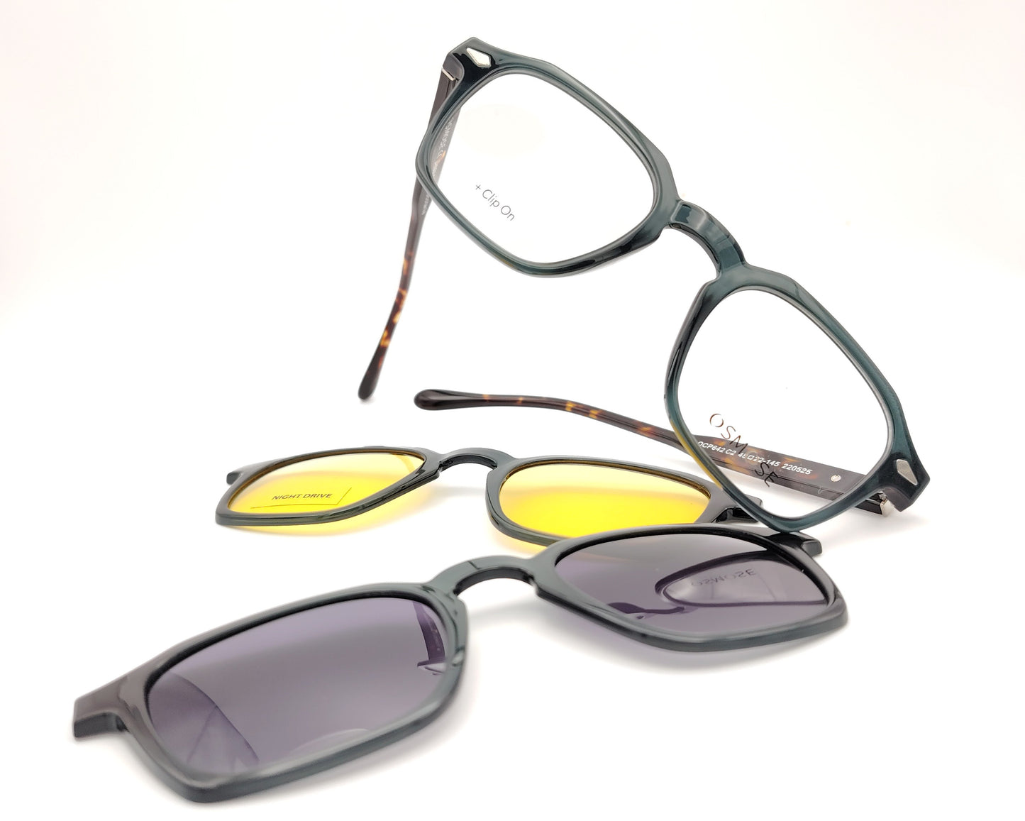 gafas de pasta forma geométrica gris con varillas carey y dos clips solar y amarillo