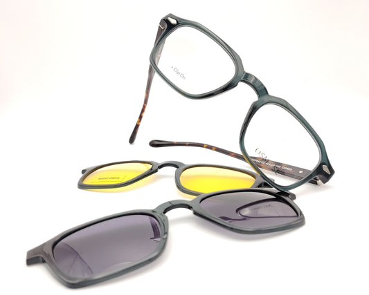 gafas de pasta forma geométrica gris con varillas carey y dos clips solar y amarillo