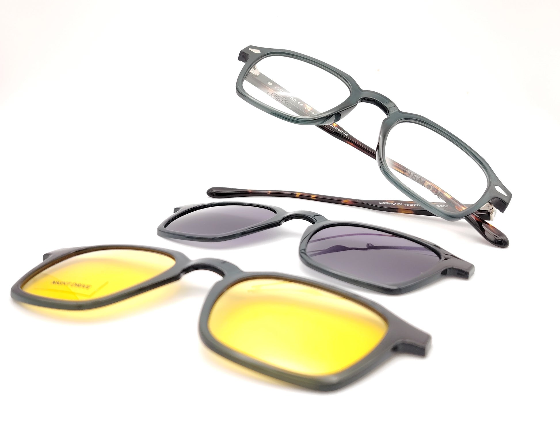 gafas de pasta forma geométrica gris con varillas carey y dos clips solar y amarillo