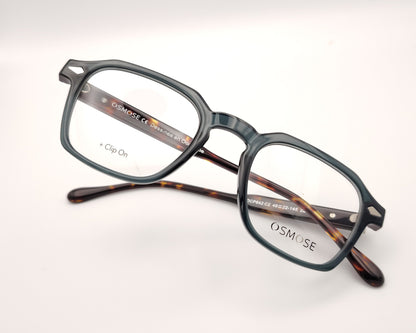 gafas de pasta forma geométrica gris con varillas carey y dos clips solar y amarillo