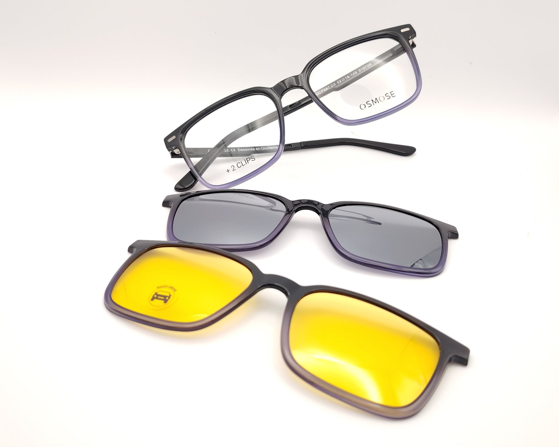gafas de pasta en pasta negro degradado a lila  con dos clips, uno de sol polarizado espejo plata y otro amarillo