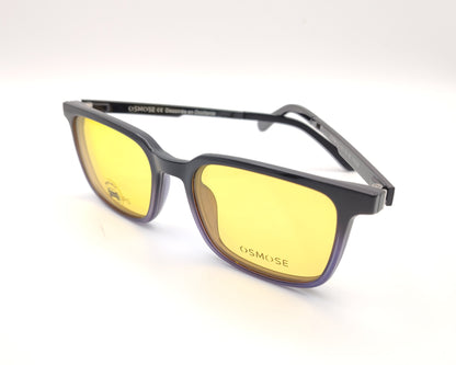 gafas de pasta en pasta negro degradado a lila  con dos clips, uno de sol polarizado espejo plata y otro amarillo