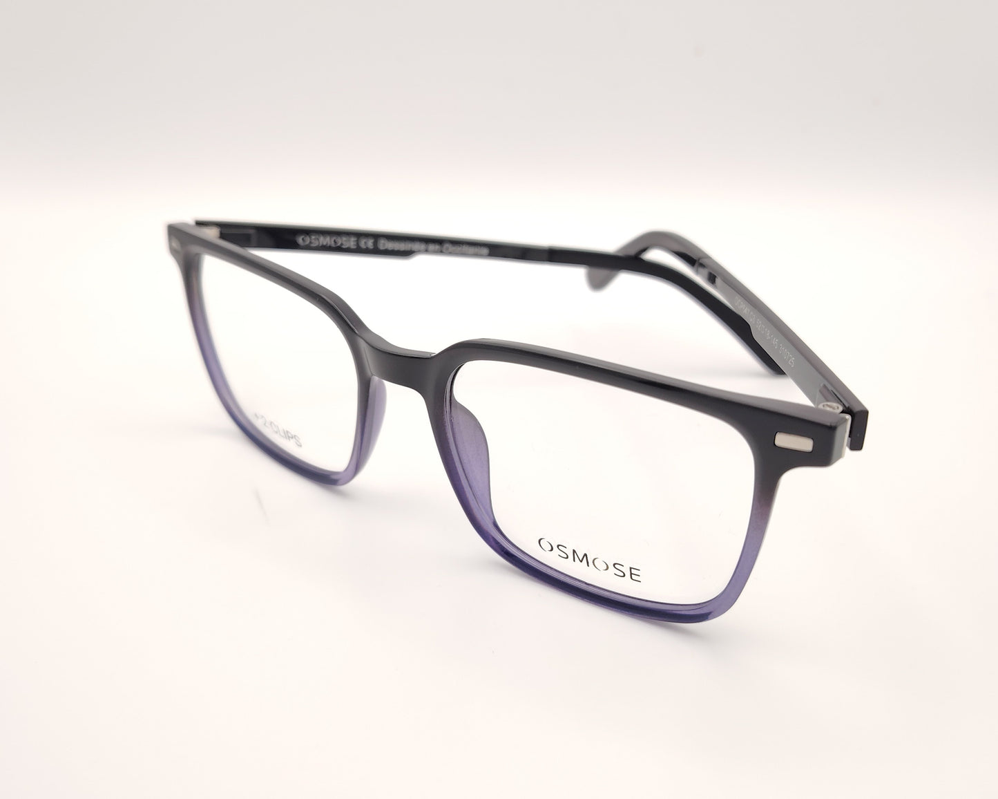 gafas de pasta en pasta negro degradado a lila  con dos clips, uno de sol polarizado espejo plata y otro amarillo