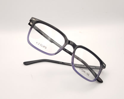 gafas de pasta en pasta negro degradado a lila  con dos clips, uno de sol polarizado espejo plata y otro amarillo