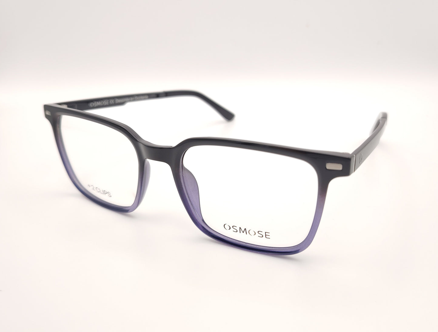 gafas de pasta en pasta negro degradado a lila  con dos clips, uno de sol polarizado espejo plata y otro amarillo