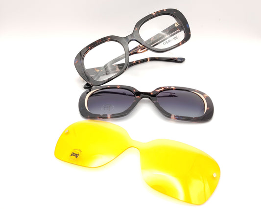 gafas osmose carey oscuro con doble clip on magnetico clip solar degradado y night drive amarillo

