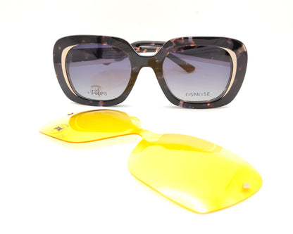 gafas osmose carey oscuro con doble clip on magnetico clip solar degradado y night drive amarillo