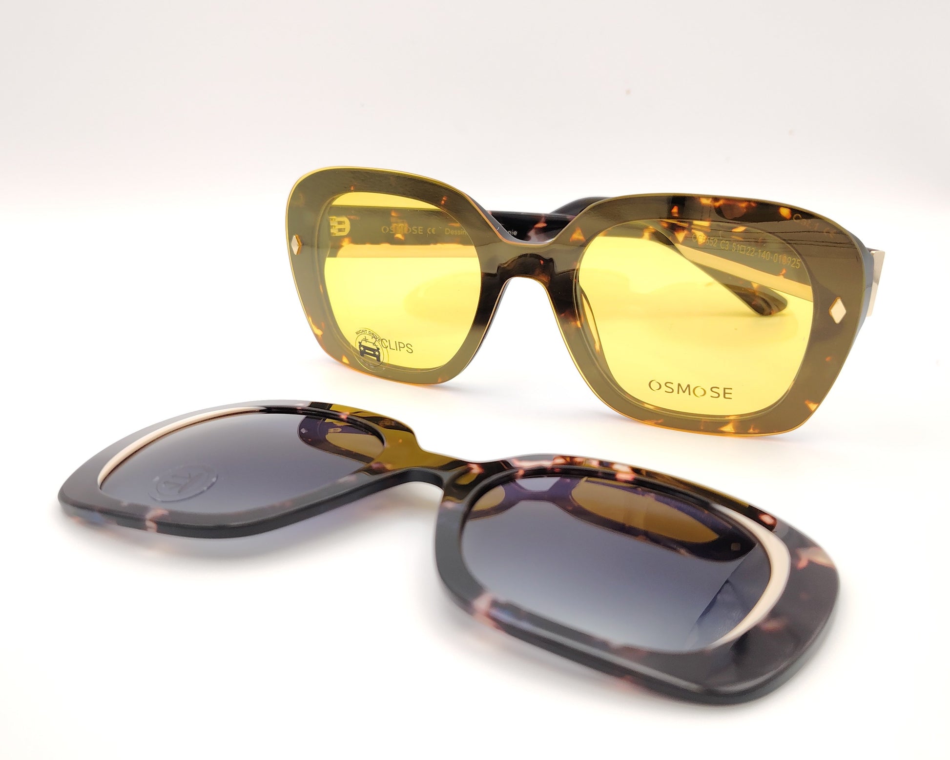 gafas osmose carey oscuro con doble clip on magnetico clip solar degradado y night drive amarillo