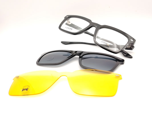 gafas osmose rectangulares negras con doble clip on magnetico clip solar oscuro y night drive amarillo