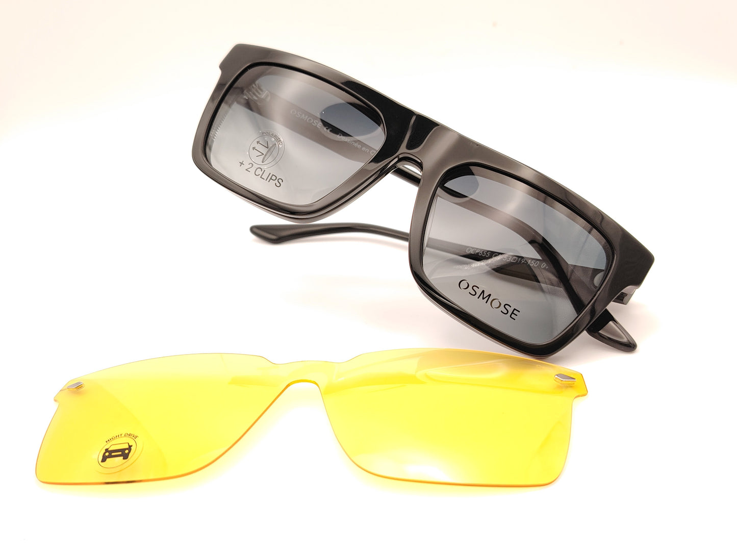 gafas osmose rectangulares negras con doble clip on magnetico clip solar oscuro y night drive amarillo