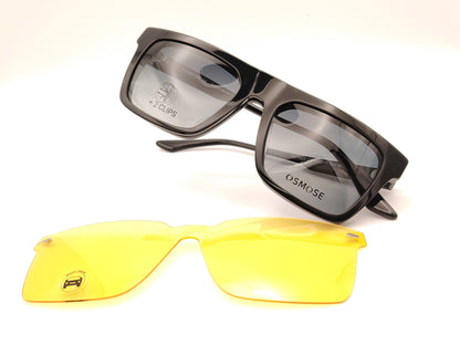 gafas osmose rectangulares negras con doble clip on magnetico clip solar oscuro y night drive amarillo
