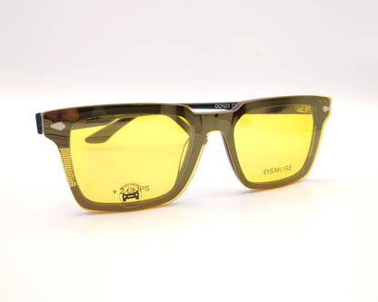 gafas osmose rectangulares negras con doble clip on magnetico clip solar oscuro y night drive amarillo