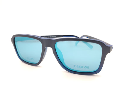 gafas de pasta en pasta azul mate degradado con dos clips, uno de sol polarizado y otro amarillo