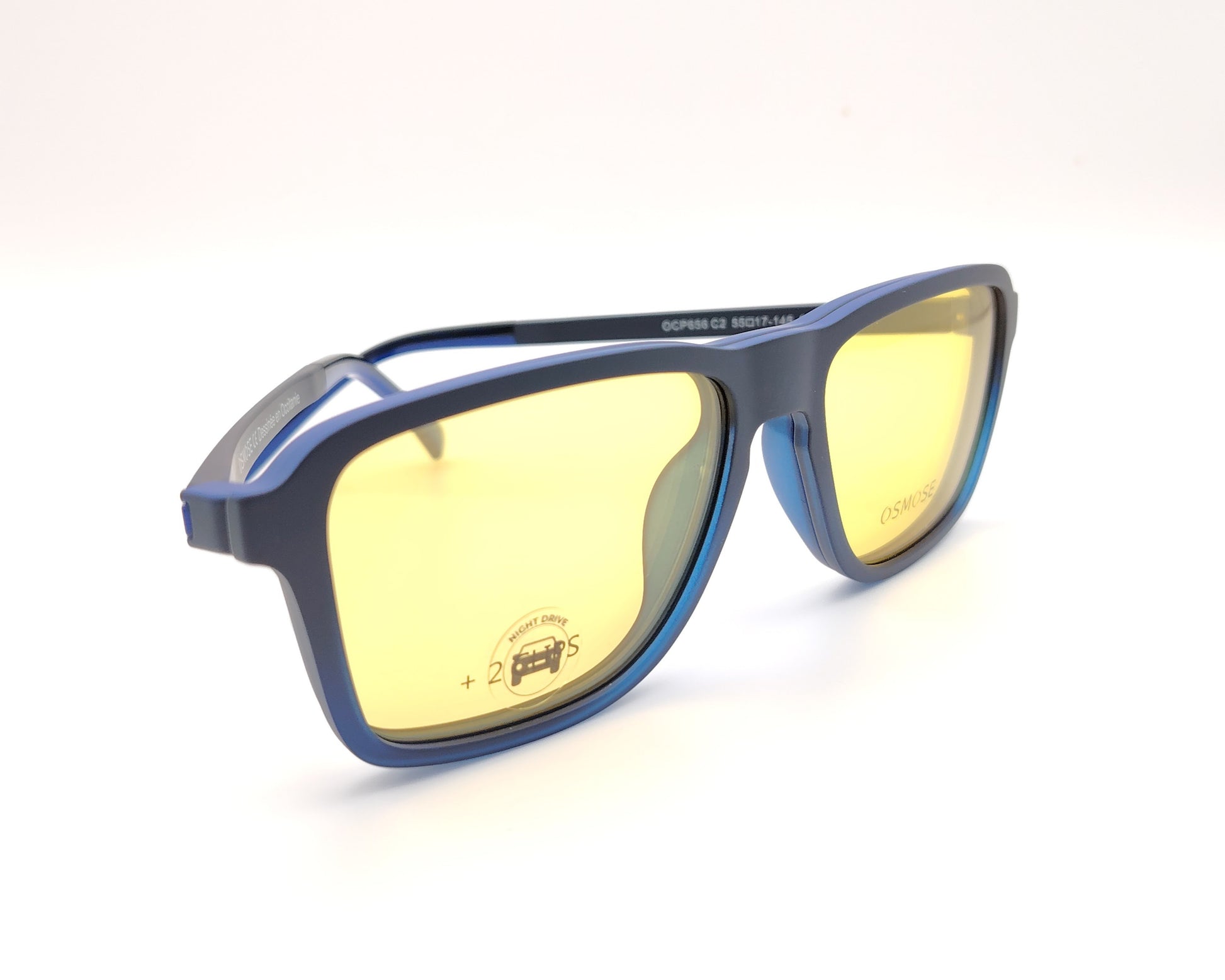 gafas de pasta en pasta azul mate con dos clips, uno de sol polarizado y otro amarillo