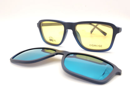 gafas de pasta en pasta azul mate degradado con dos clips, uno de sol polarizado y otro amarillo