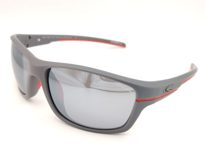 o neill ons 9021 108p gafas de sol envolventes de pasta en color gris mate con detalles en rojo, lentes polarizadas en espejo plata