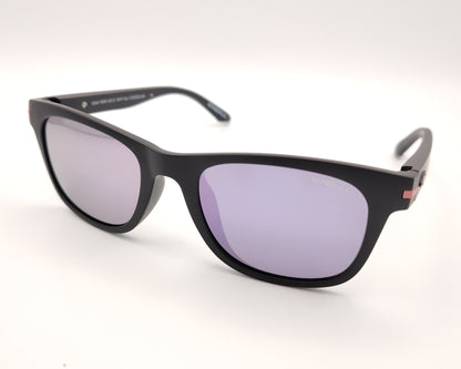 gafas de sol deportivas con montura negra mate detalles en rosa y lentes polarizadas en espejo rosa