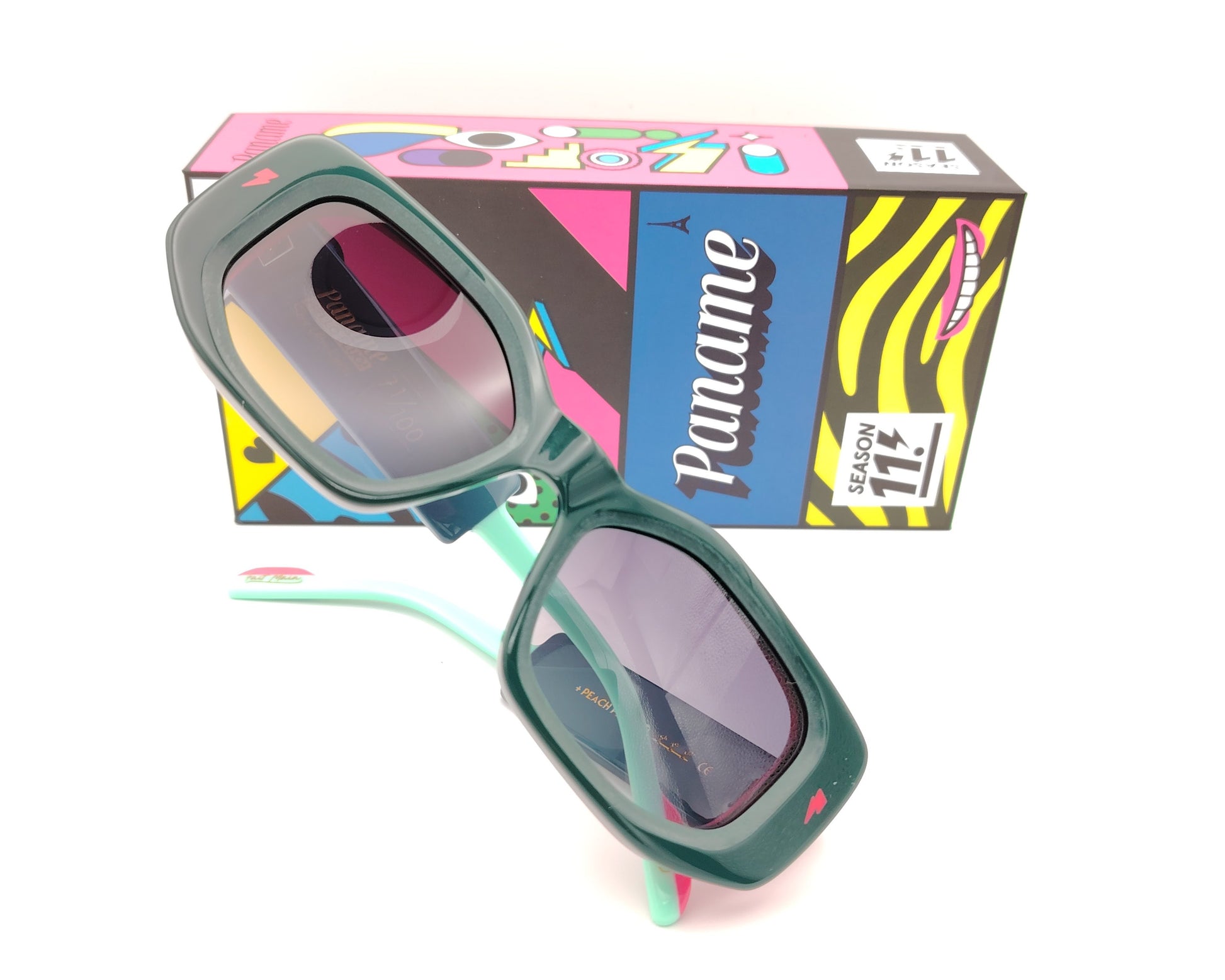 gafas de sol paname peach pit c5 verde oscuro rosa y aguamarina forma rectangular